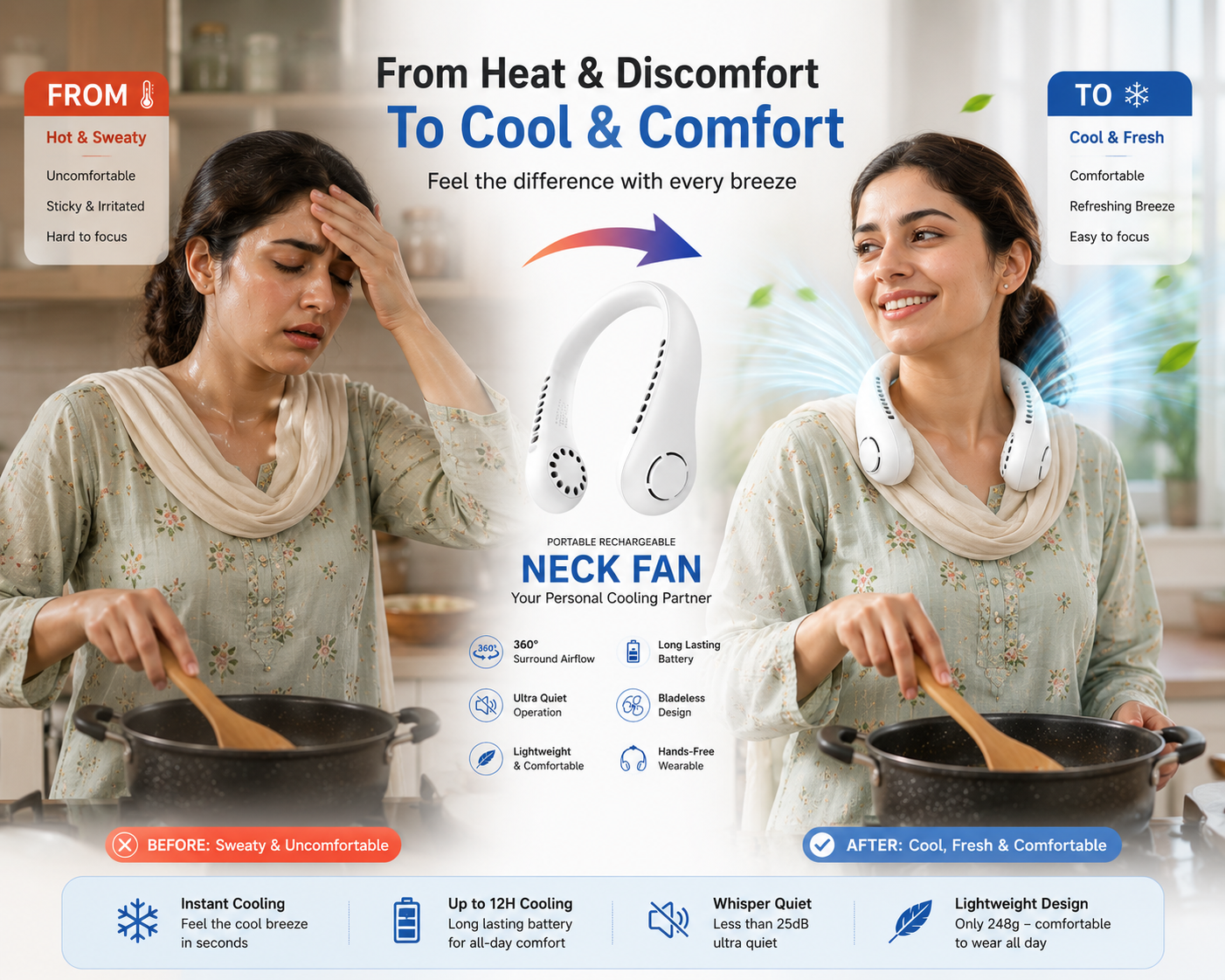 Portable Neck Fan – Rechargeable Hands Free Summer Cooling fan